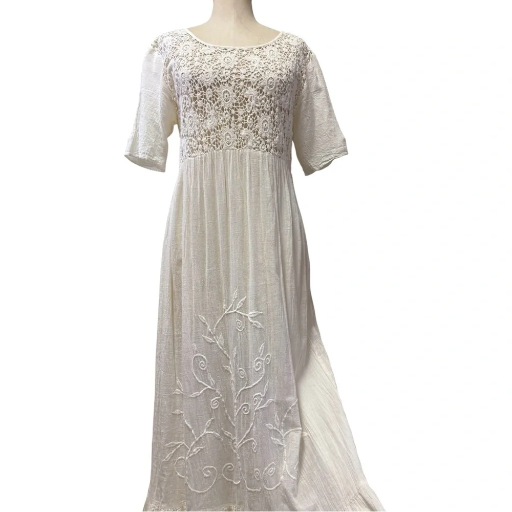 Vintage Style Boho Romantic Cottagecore Dress Crochet Embroidered Maxi Medium - Picture 2 of 10